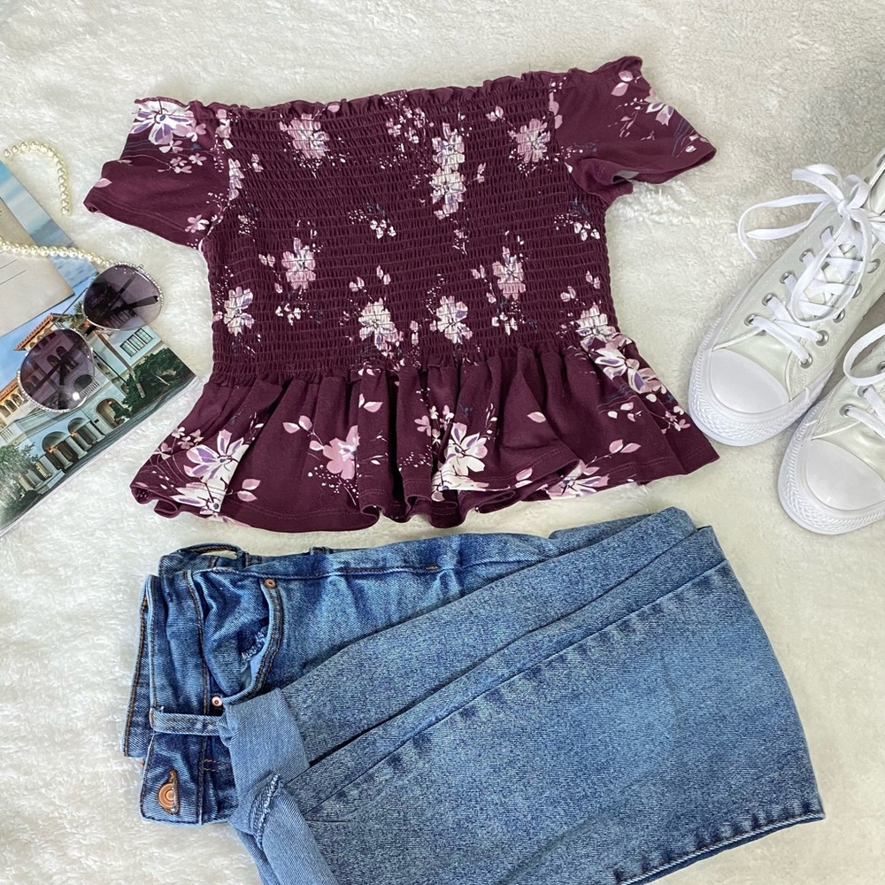 Aeropostale Floral Smocked Off Shoulder Top